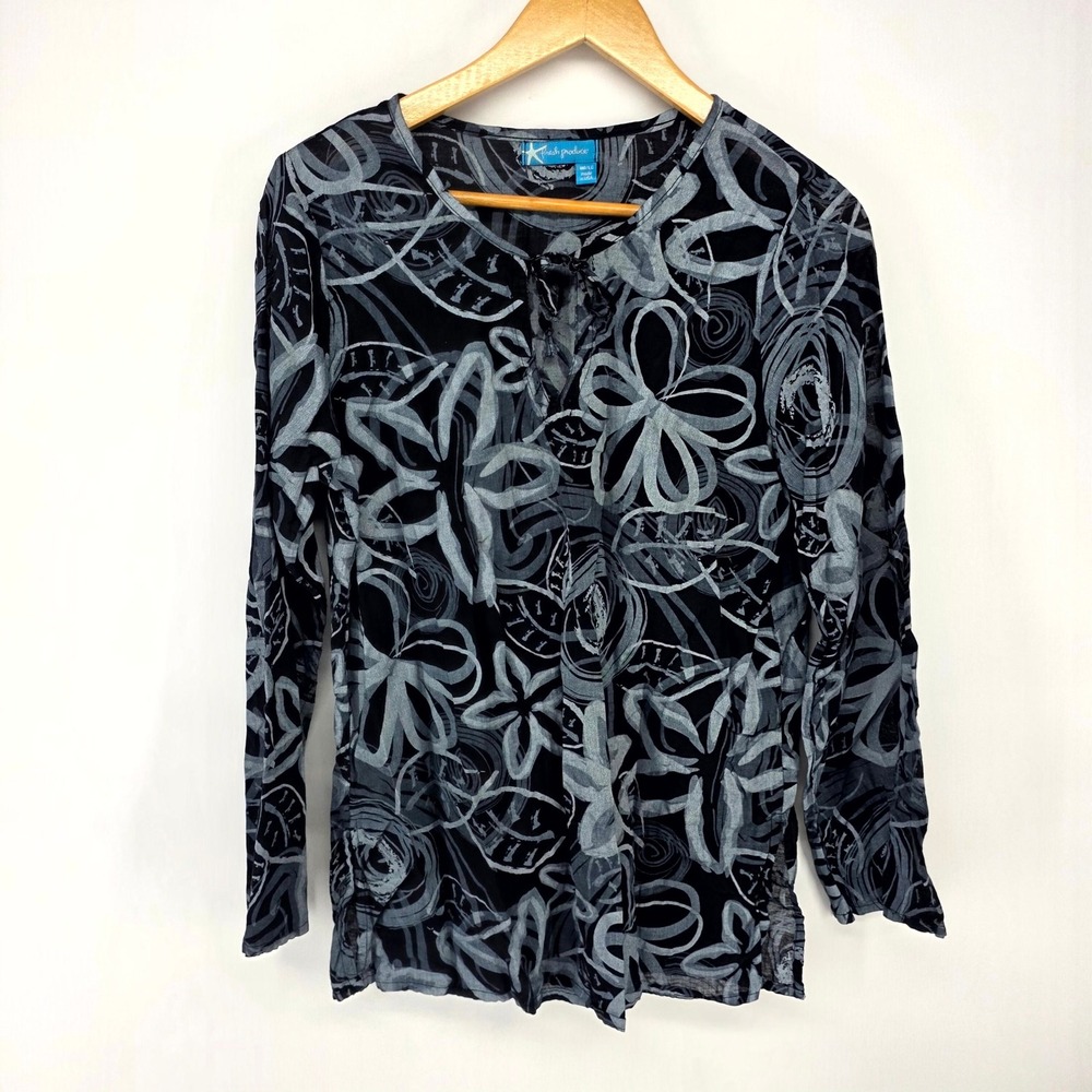 Fresh Produce Top Womens M/L Black Gray Floral Abstract Long Sleeve Gauze Blouse